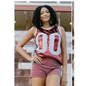 Whay Dress Sequined Tank Top Game Day Number 00 Red White Shiny NWT Football